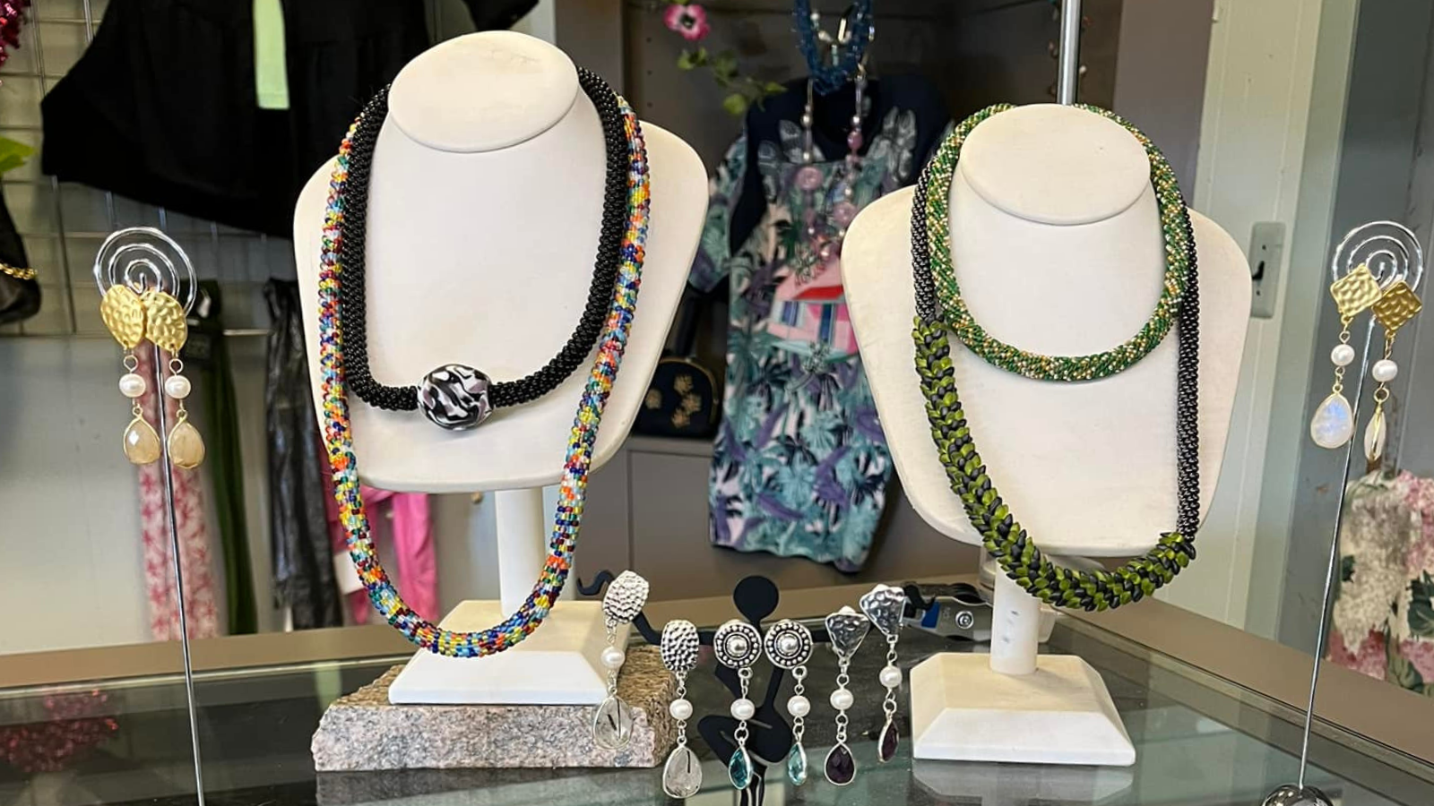 beautiful necklaces displayed in the store